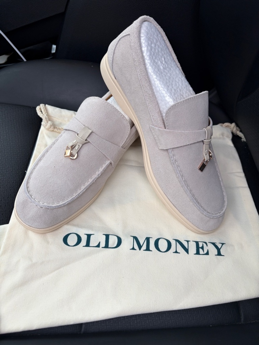 Simonetta Taupe Suede Slip-On Loafers with Gold Accent